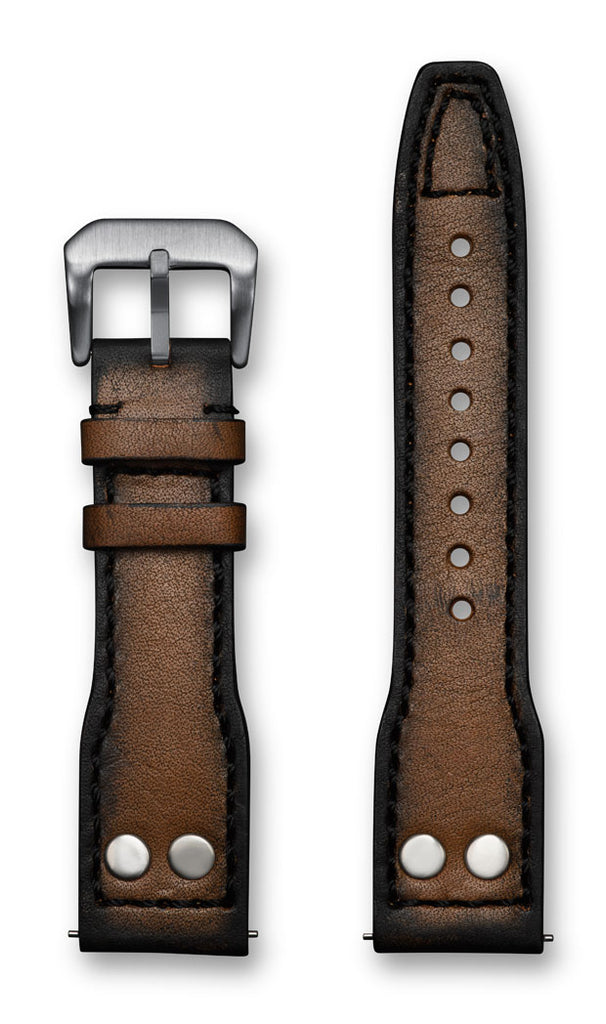 Aeromeister Amsterdam S47 Italian vintage oak wood brown leather strap with black stitching