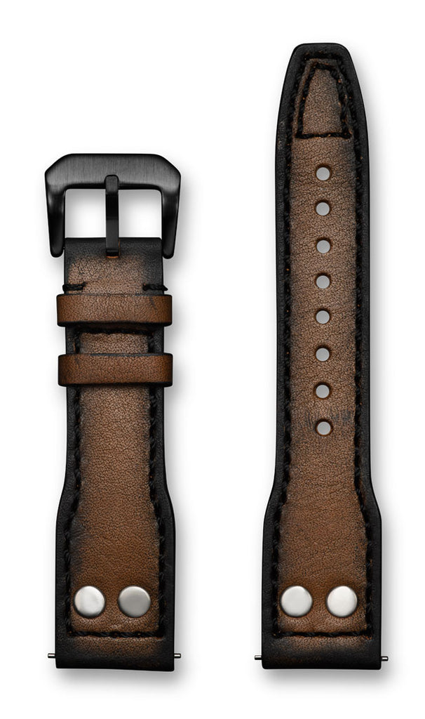 Aeromeister Amsterdam S47 Italian vintage oak wood brown leather strap with black stitching